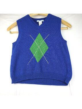 Janie and Jack Blue Knit Sweater Vest Green Argyle/Diamond Boys 4 NEW